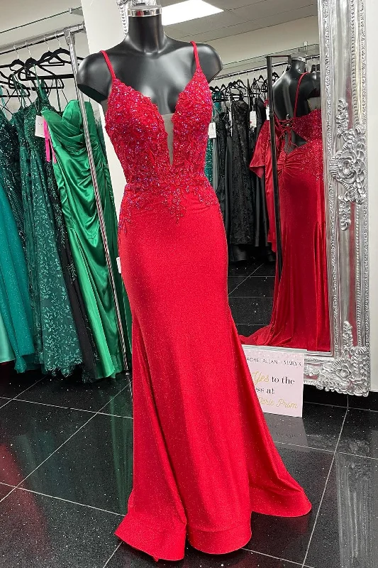 prom dress color trendsRed Plunge V Appliqué Lace-Up Mermaid Long Prom Dress