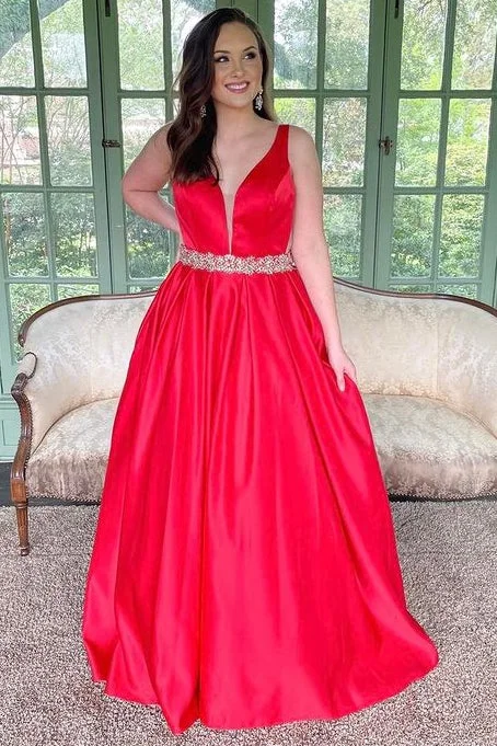 corset prom dressesRed Plunging Neck Belted A-Line Long Prom Dress