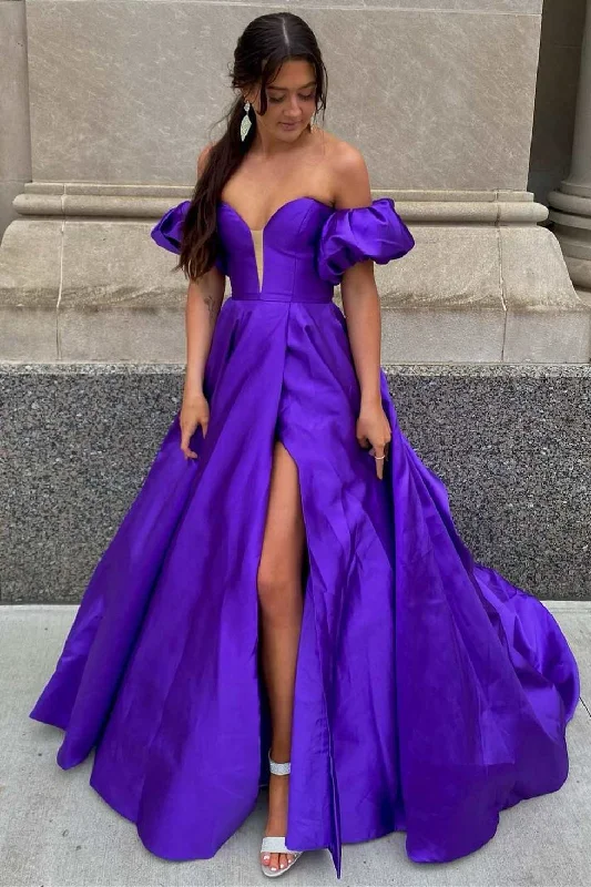 open-back prom dressesRed Satin Strapless A-Line Long Prom Dress with Puff Sleeves