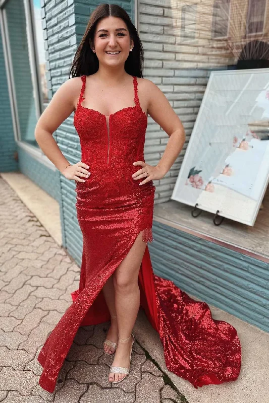 mid-length prom dressesRed Sequin Appliques Sweetheart Mermaid Long Prom Dress with Slit