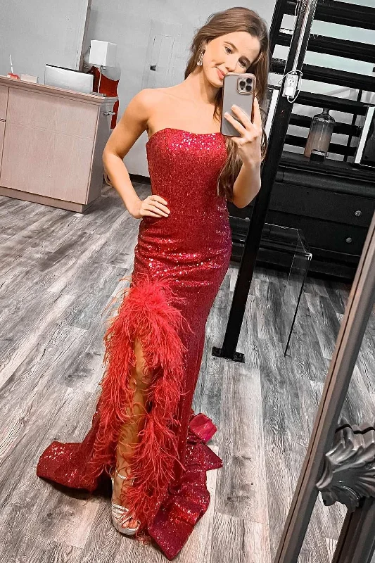 convertible prom dressesRed Sequin Feather Strapless Mermaid Long Prom Dress with Slit