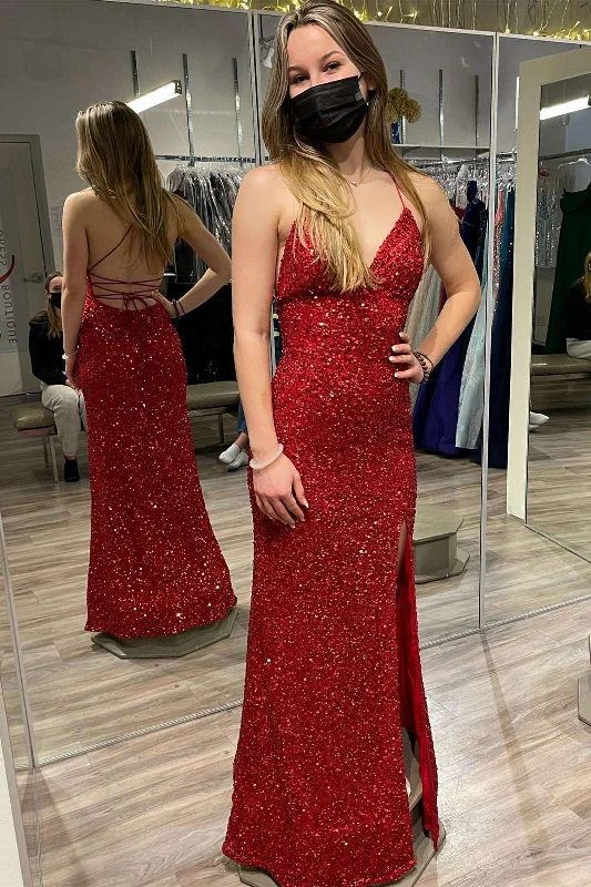 budget-friendly prom dressesRed Sequin V-Neck Lace-Up Long Prom Dress with Slit