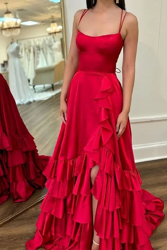 illusion sleeve prom dressesRed Spaghetti Straps Ruched Satin Long Prom Formal Dress with Slit