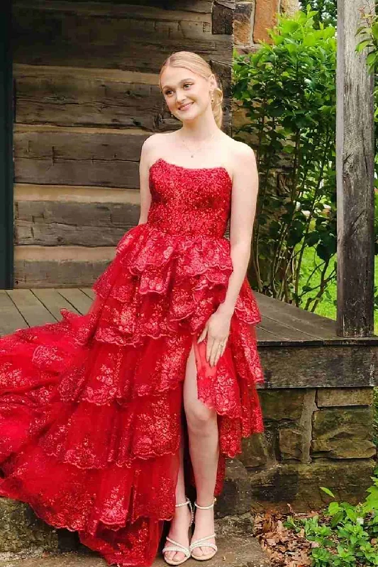 prom dress preservationRed Strapless A-Line Sequins Appliques Ruffles Prom Dress Long with Slit