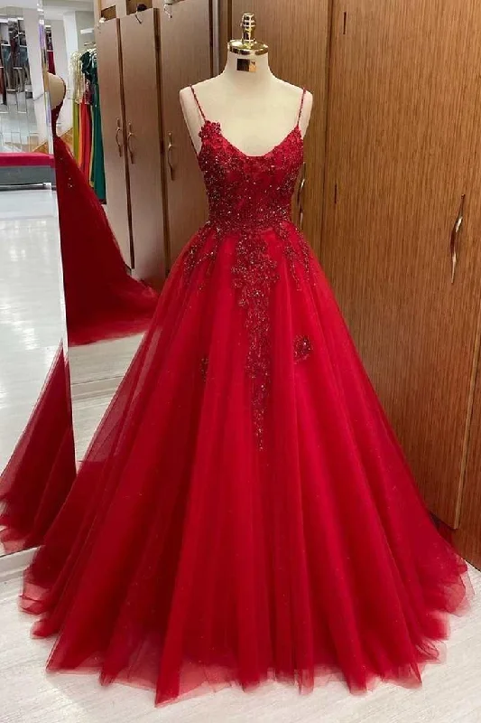 illusion sleeve prom dressesRed Tulle and Lace Scoop Neck A-Line Prom Dress