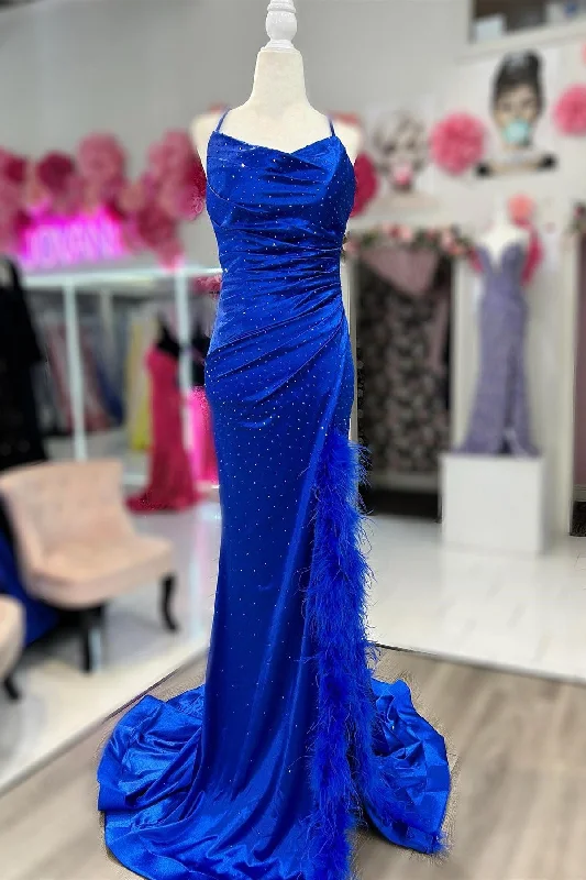 pastel prom dressesRoyal Blue Beaded Lace-Up Back Long Prom Dress with Trim Slit