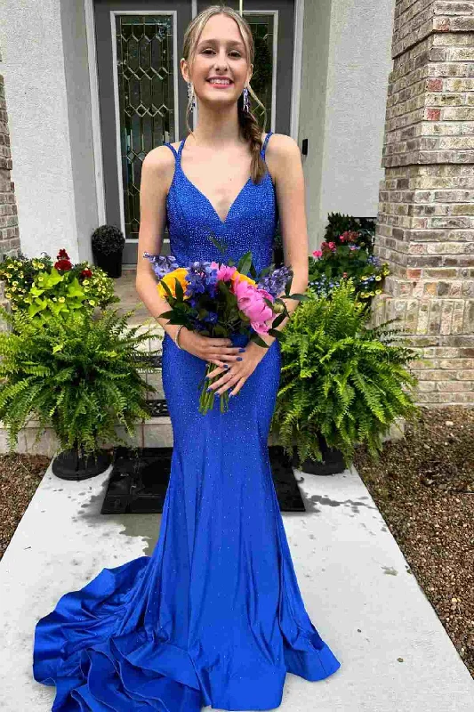 prom dress alterationsRoyal Blue Mermaid Beaded V-Neck Sleeveless Long Prom Dress