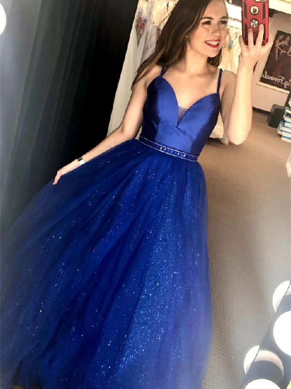 prom dresses for plus-size figuresRoyal Blue Satin Tulle Prom Dresses, Long Prom Dresses, Shiny Tulle Saprkle Prom Dresses