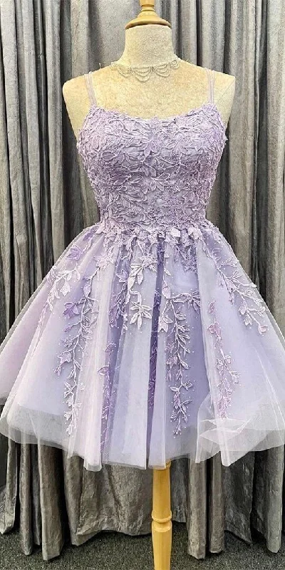 sequined prom dressesShort Lilac Prom Dresses Lace Homecoming Dresses Purple Applique