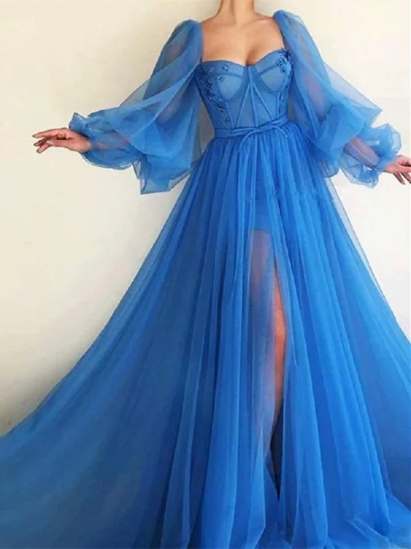 prom dresses with beaded accentsSky Blue Tulle Long Prom Dresses, Sweetheart Bubble Sleeved Prom Dresses, Long Prom Dresses, 2021 Prom Dresses