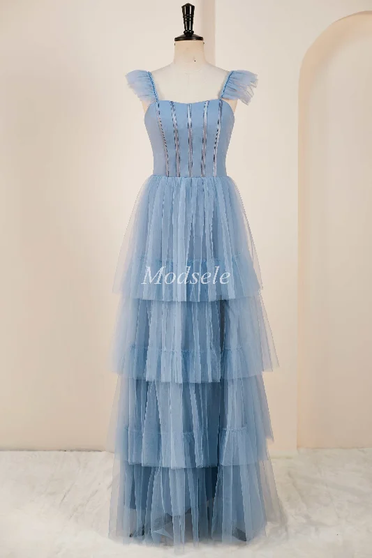 lace prom dressesSmoky Blue Tiered A-Line Long Prom Dress with Flutter Sleeves