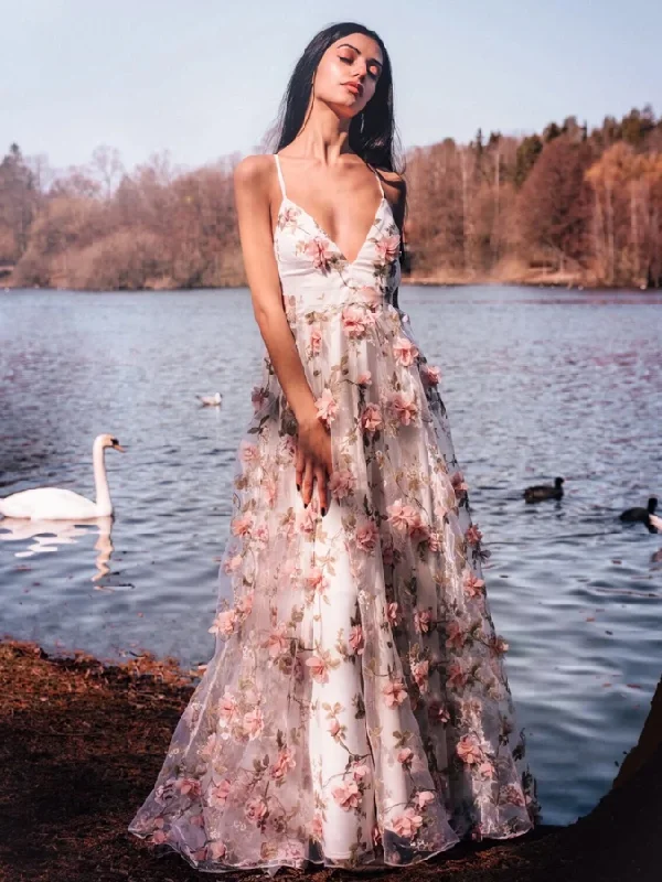 vintage prom dressesSpaghett Long A-line Floral Prom Dresses, Popular Prom Dresses, 2021 Prom Dresses