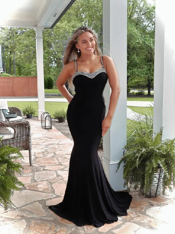 long prom dressesSpaghetti Black Mermaid Prom Dresses, 2021 Prom Dresses, Beaded Prom Dresses, Cheap Prom Dresses