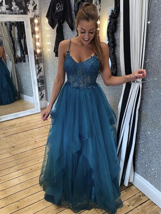 two-piece prom dressesSpaghetti Long A-line Lace Tulle Prom Dresses, Long Prom Dresses, Popular Prom Dresses