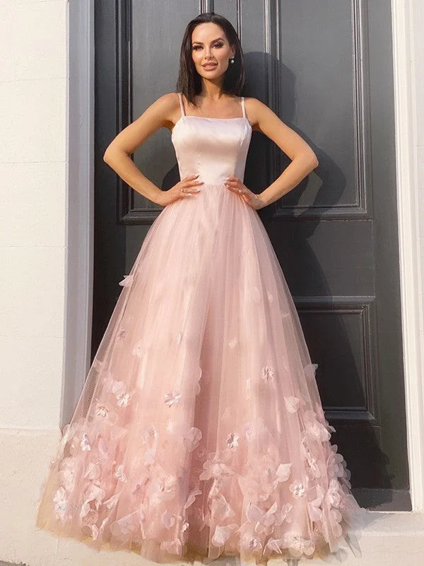 mini prom dressesSpaghetti Long A-line Satin Tulle Floral Prom Dresses, Lovely Affordable Prom Dresses