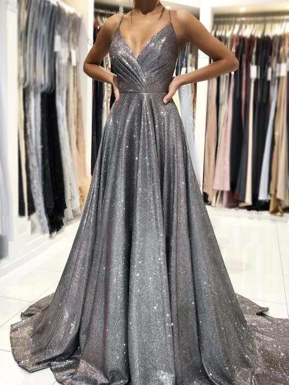 maxi prom dressesSpaghetti Long A-line Shemmering Prom Dresses, Shiny Prom Dresses, Long Prom Dresses