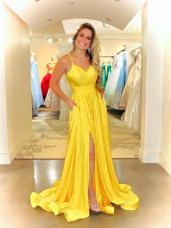 prom dresses with pocketsSpaghetti Long A-line Yellow Elastic Satin Prom Dresses, Simple Chic 2021 Prom Dresses