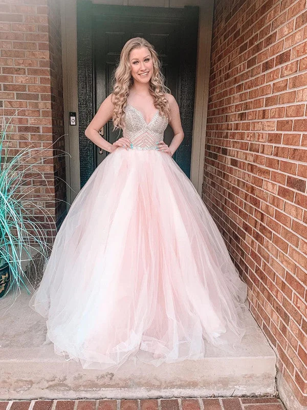 prom dresses with illusion panelsSpaghetti Straps A-line Pink Tulle Prom Dresses, Elegant Fashion 2021 Long Prom Dresses