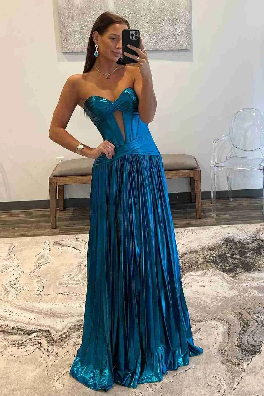 prom dresses for springStrapless A-Line Empire-Waist Metallic Pleated Keyhole Long Prom Dress