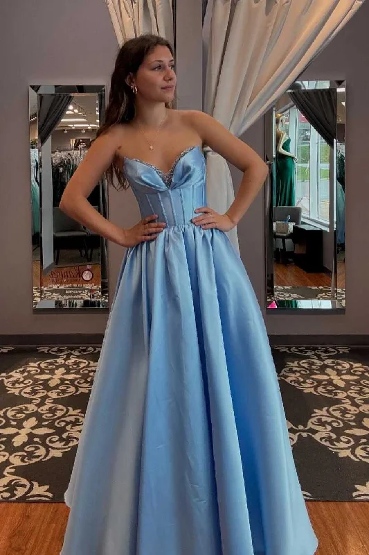 two-piece prom dressesStrapless A-Line V-Neck Sleeveless Empire-Waist Pleated Satin Long Prom Formal Dress