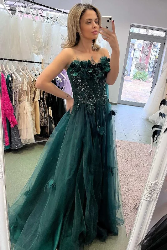 mermaid prom dressesStrapless Hunter Green 3D Floral Lace A-Line Prom Dress with Slit