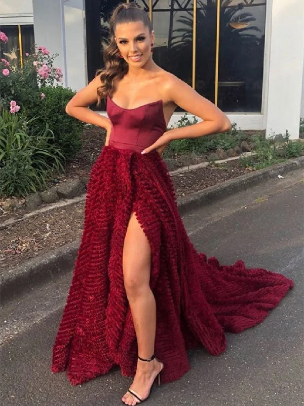 prom dresses for springStrapless Long A-line Dark Red Prom Dresses, Side Slit Prom Dresses, 2021 Prom Dresses