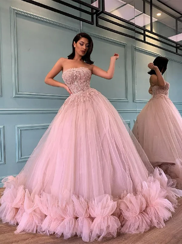 prom dresses for plus-size figuresStrapless Pink Tulle Beaded Prom Dresses, A-line Ball Gown Quinceanera Dresses, Prom Dresses