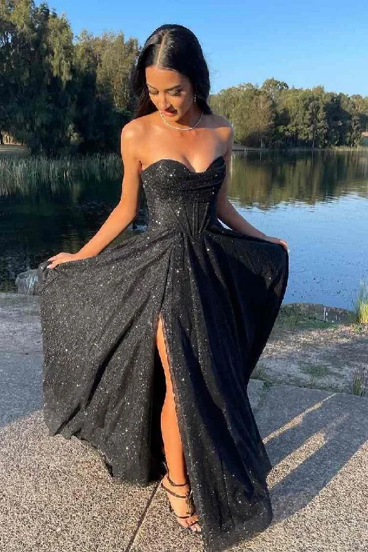 plus-size prom dressesStrapless Sweetheart A-Line Sleeveless Glitter Long Prom Dress with Slit