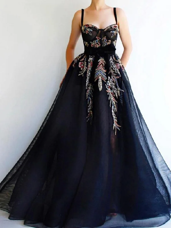 modern prom dressesStraps Long A-line Black Tulle Appliques Prom Dresses, Newest Prom Dresses, 2021 Prom Dresses