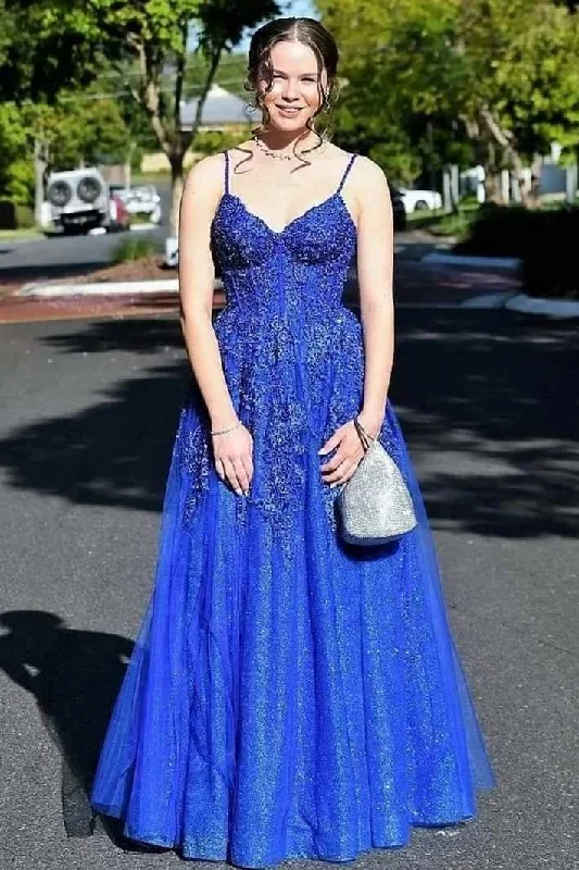 prom dresses for short girlsStunning Blue Appliques V-Neck Lace-Up Back A-Line Prom Dress