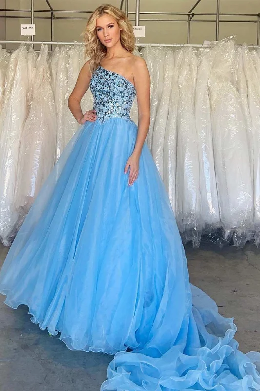 prom dresses for summerStunning One-Shoulder Blue A-Line Long Prom Gown