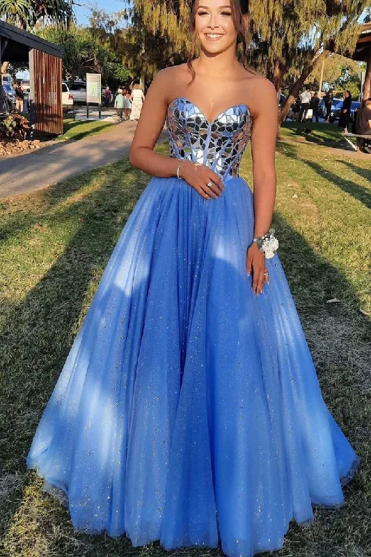 sweetheart neckline prom dressesSweetheart Blue Broken Mirrors A-line Long Prom Gown