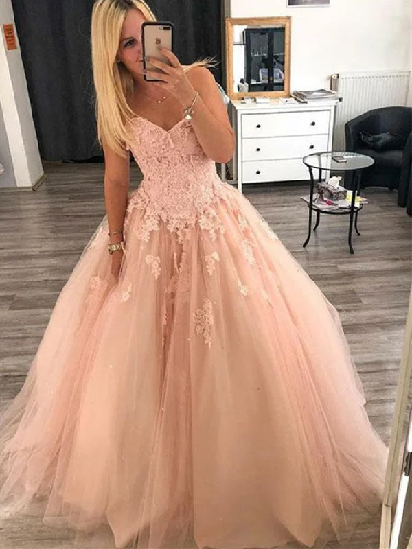 fitted prom dressesSweetheart Long A-line Blush Lace Tulle Prom Dresses, Princess Prom Dresses, Long Prom Dresses