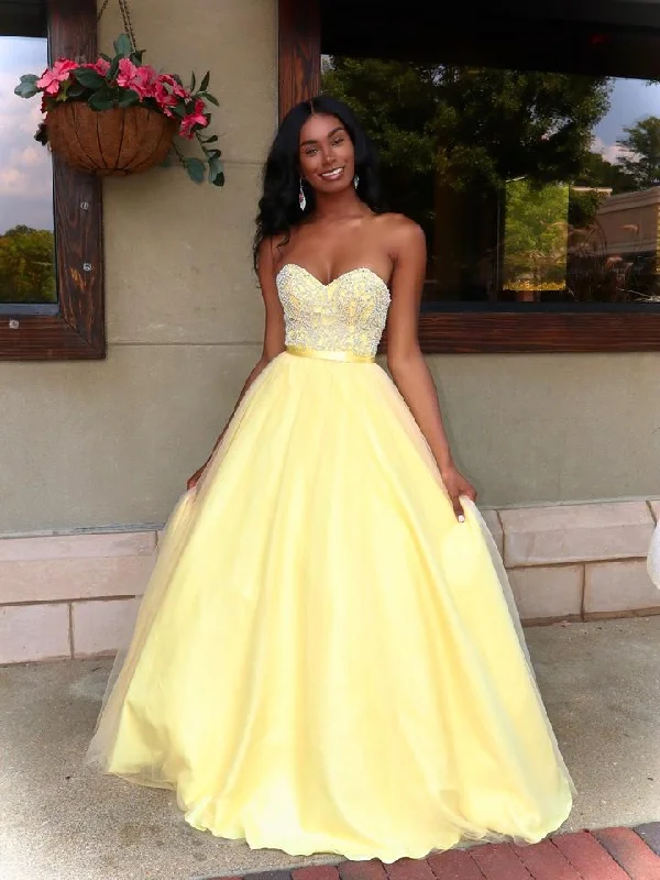 high-low prom dressesSweetheart Long A-line Yellow Tulle Beaded Prom Dresses, Lovely Prom Dresses, 2021 Prom Dresses