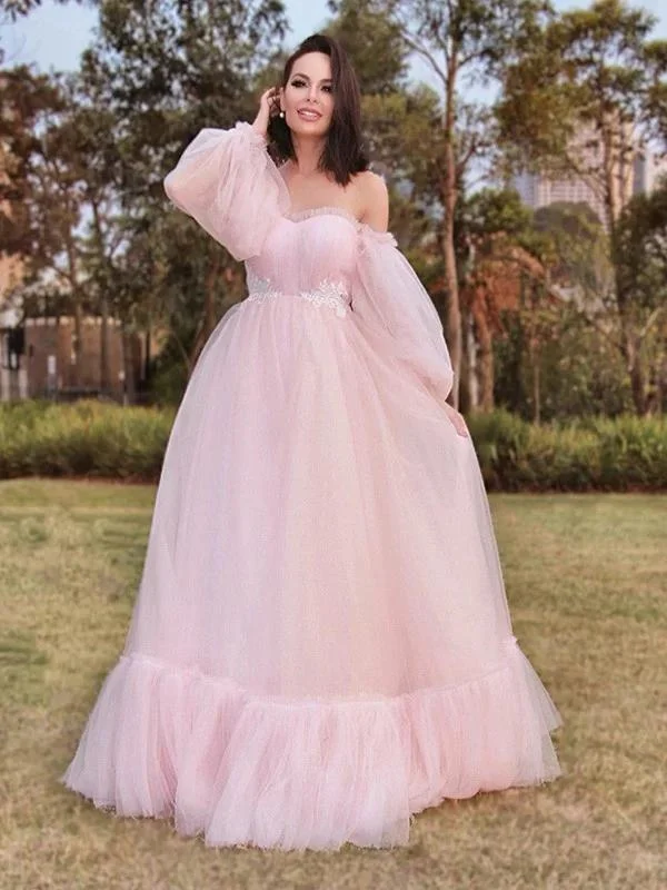 illusion neckline prom dressesSweetheart Pink Tulle A-line Prom Dresses, Lovely 2021 Prom Dresses, Long Prom Dresses