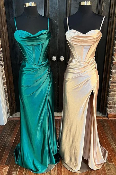 mini prom dressesTeal Green Cowl Neck Ruched Lace-Up Long Prom Dress with Slit