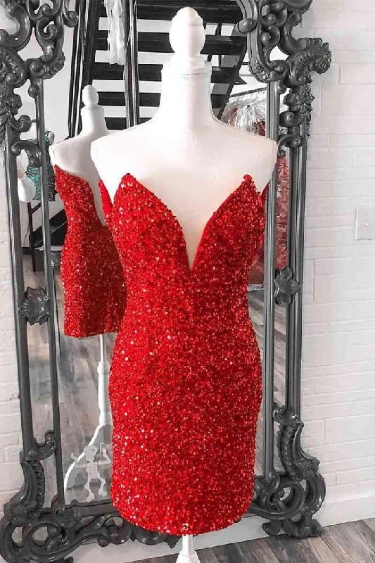 A-line prom dressesTight Red Sequins Prom Dress Strapless V Neck Short Homecoming Dress