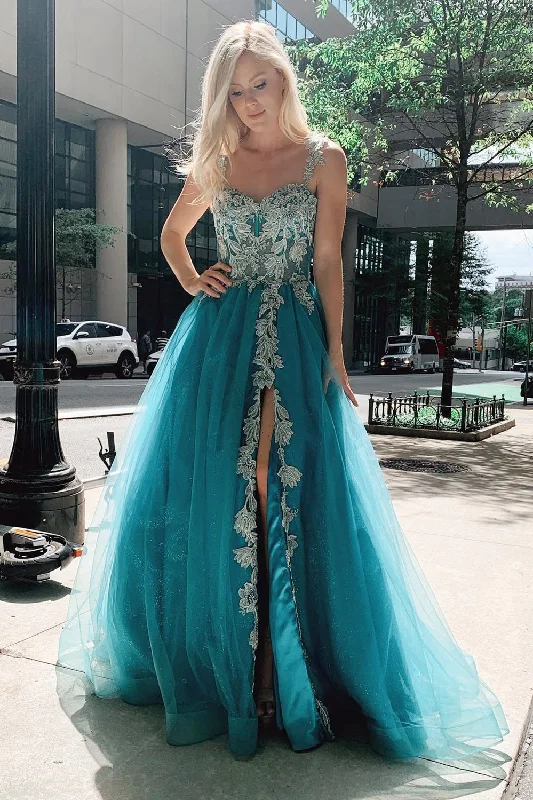 prom dresses with sequin detailingTurquoise Tulle Floral Appliques Sweetheart A-Line Prom Gown