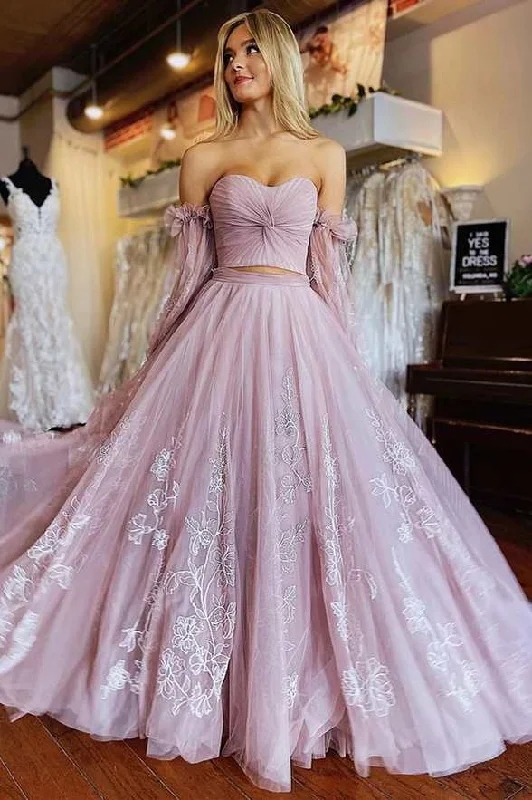 long prom dressesTwo-Piece Dusty Pink Strapless A-Line Prom Dress with Sleeves