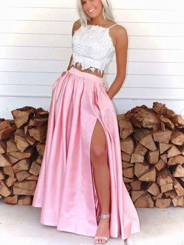 high-slit prom dressesTwo Pieces Lace Long Prom Dresses, A-line Satin Newest Prom Dresses