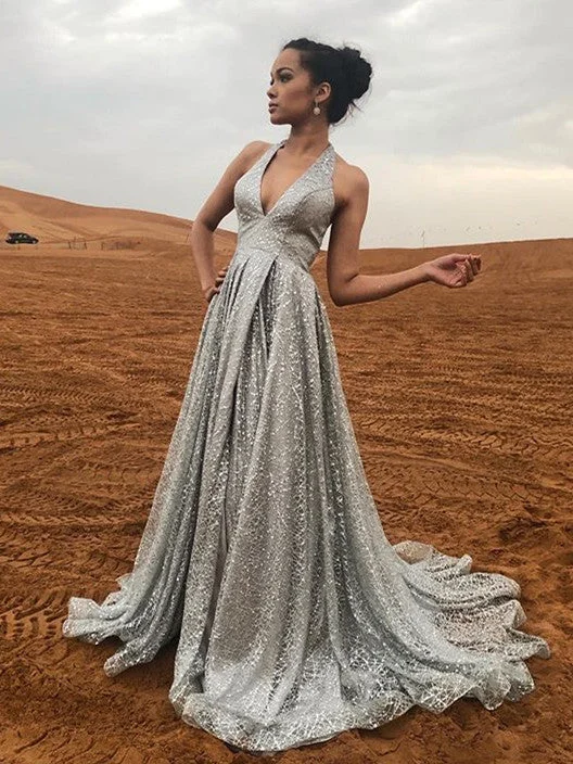 prom dresses for hourglass figuresV-neck Halter Long A-line Silver Grey Sequin Tulle Prom Dresses, Newest 2021 Prom Dresses