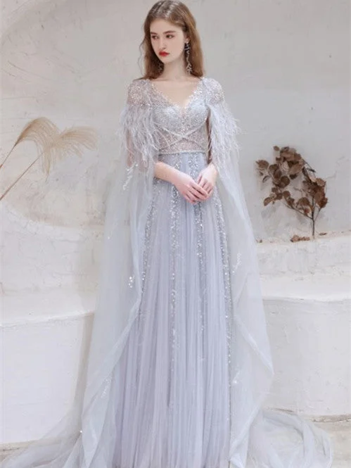 prom dresses with trainsV-neck Light Grey Shiny Sequin Beaded Prom Dresses, Newest Prom Dresses, 2021 Prom Dresses