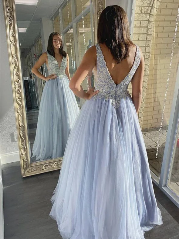 sequined prom dressesV-neck Long A-line Light Blue Lace Tulle Prom Dresses, Long Prom Dresses, 2020 Prom Dresses