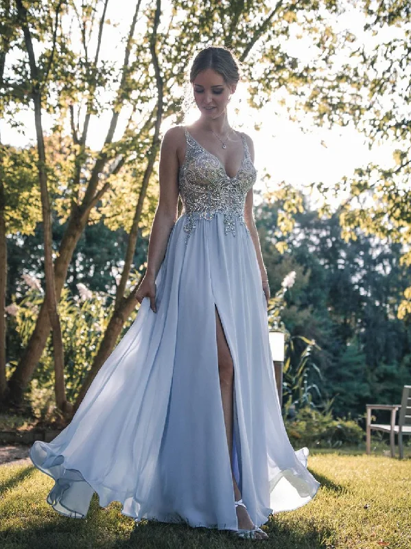 off-the-shoulder prom dressesV-neck Long A-line Pale Blue Chiffon Beaded Rhinestone Prom Dresses, 2021 Prom Dresses