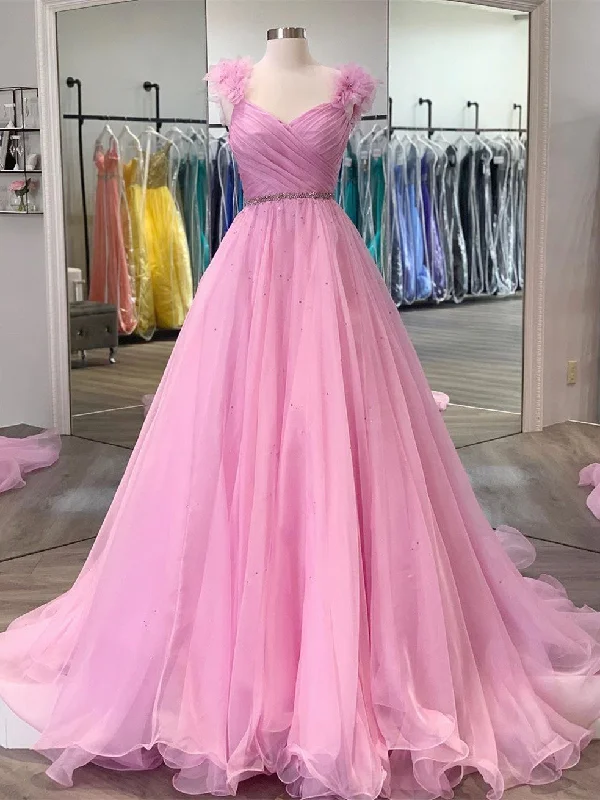 prom dresses for tall girlsV-neck Long A-line Pink Organza Beaded Prom Dresses, Lovely Long 2021 Prom Dresses