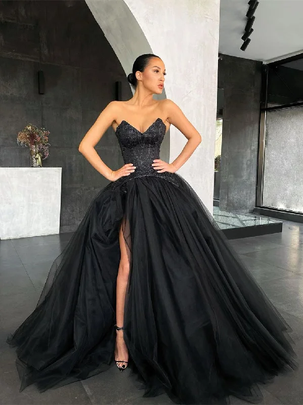 off-shoulder prom dressesV-neck Long Ball Gown Black Prom Dresses, Lace Tulle Prom Dresses, Newest Prom Dresses