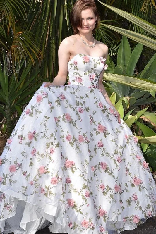 modern prom dressesWhite 3D Floral Lace Strapless A-Line Long Prom Dress