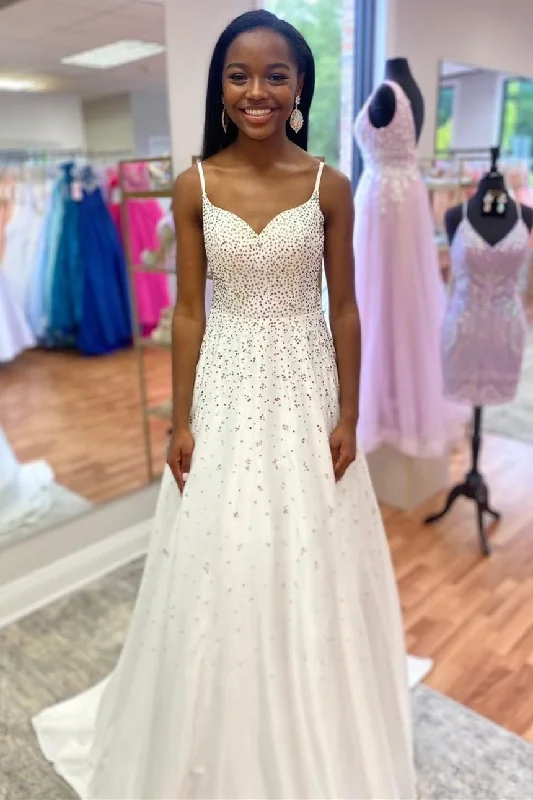 open-back prom dressesWhite Beaded Queen Anne Cutout Back A-Line Prom Gown