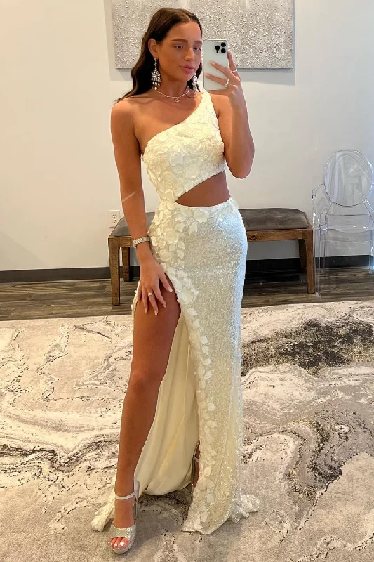 ready-to-wear prom dressesWhite Sequin One-Shoulder Cutout Long Prom Dress with Floral Appliques