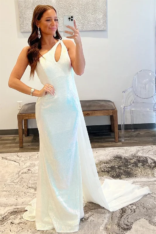 cap sleeve prom dressesWhite Sequins One-Shoulder Cut-Out Long Prom Dress with Scarf